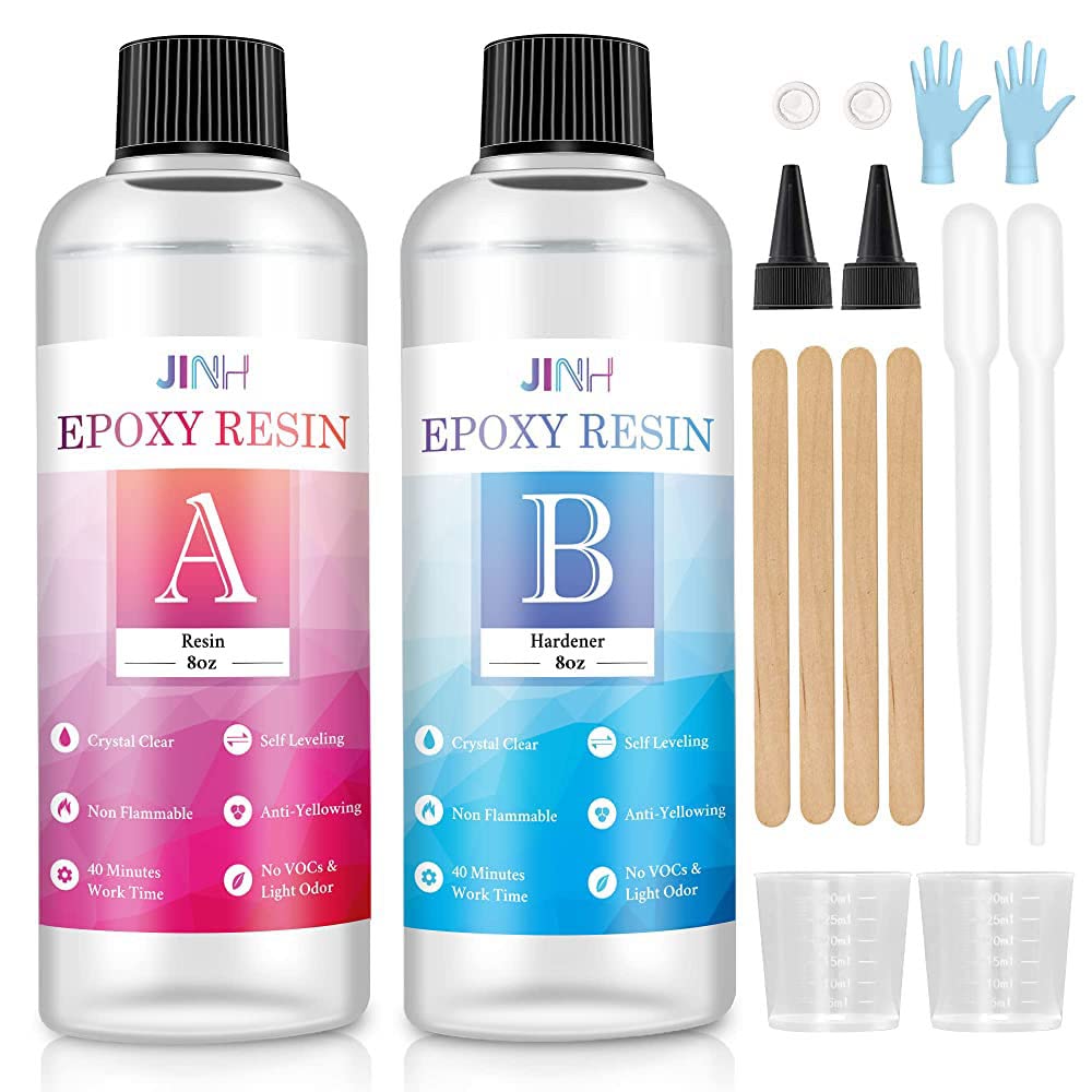 JINH 16oz Epoxy Resin Kit Crystal Clear for Jewelry DIY Art Crafts Cast Coating Wood, River(Free Tool Kit) Tables Easy Mix 1:1 Resin epoxy and Hardener (16oz)
