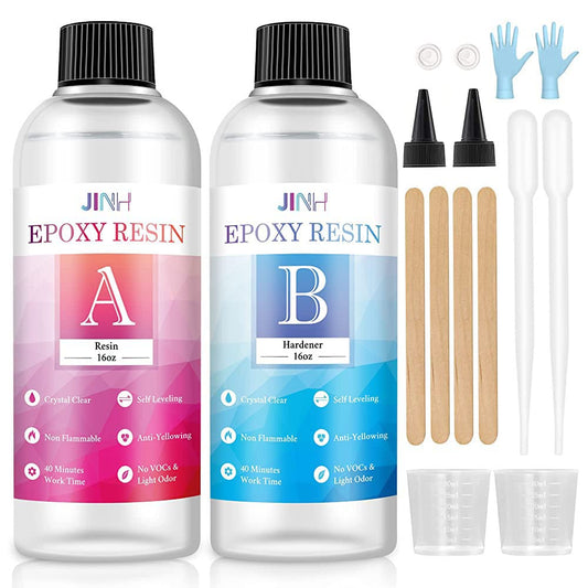 JINH 16oz Epoxy Resin Kit Crystal Clear for Jewelry DIY Art Crafts Cast Coating Wood, River(Free Tool Kit) Tables Easy Mix 1:1 Resin epoxy and Hardener (16oz)